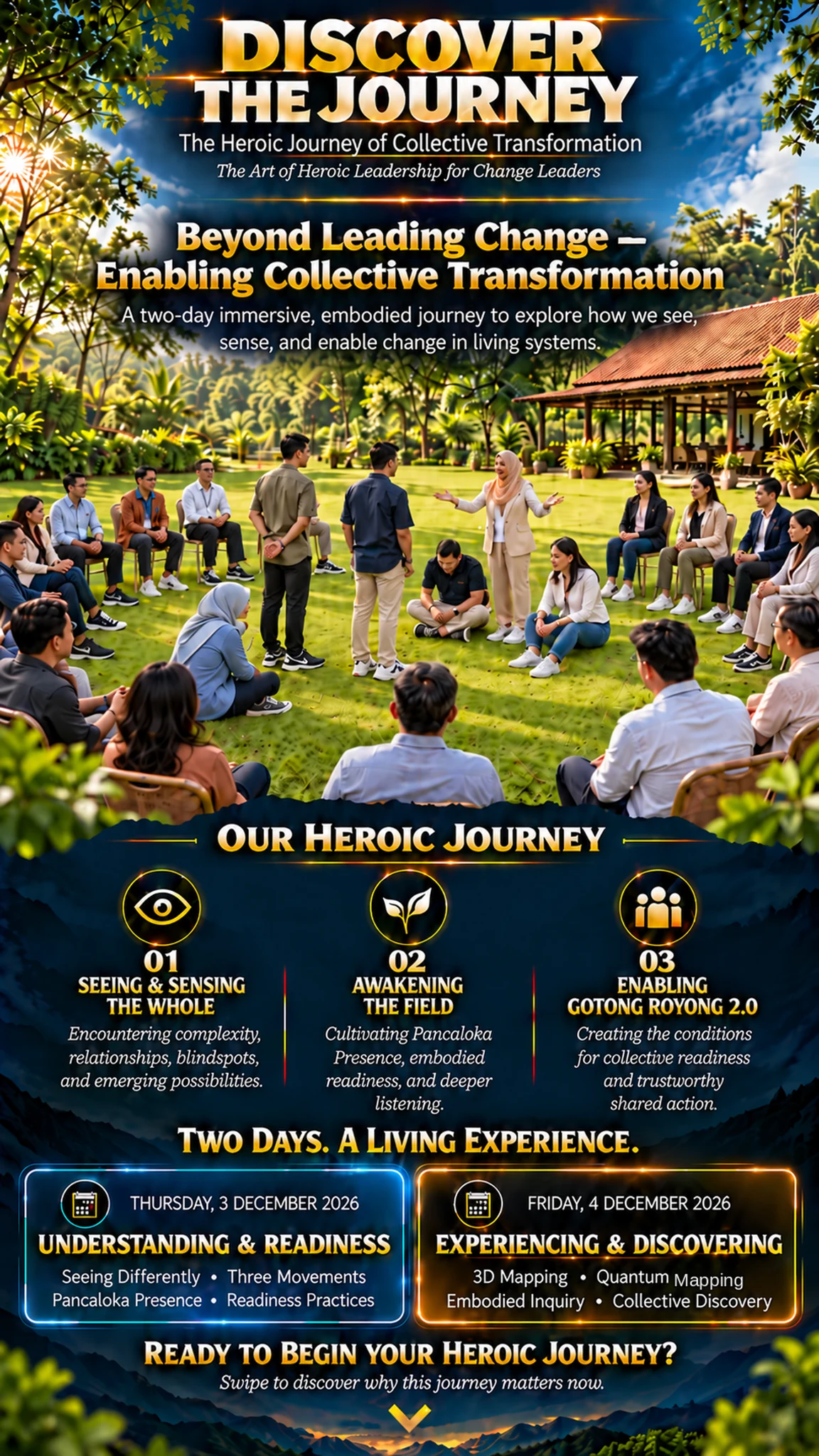 Flyer Discover the Journey: tiga bagian Heroic Journey dan susunan dua hari program