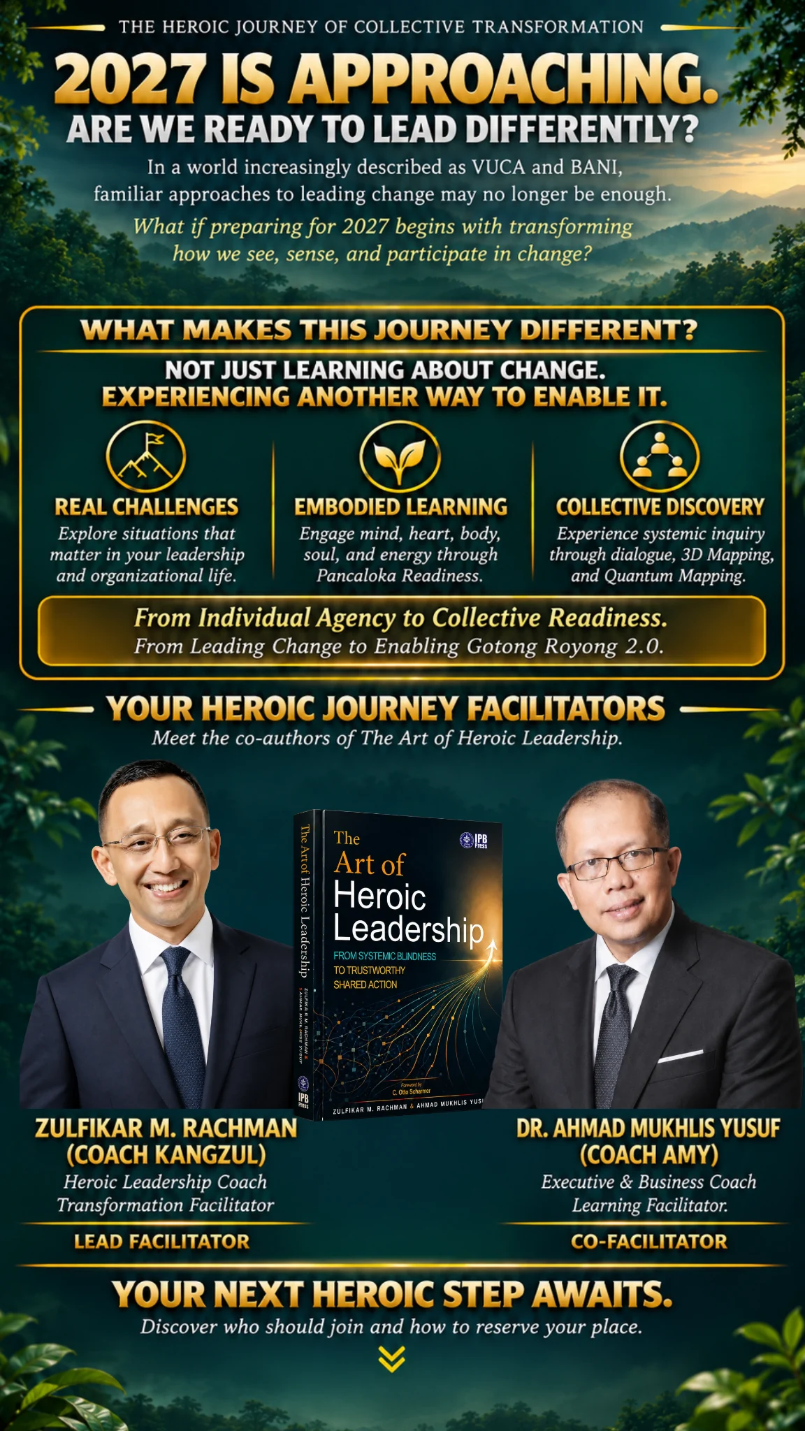 Flyer keunikan pengalaman dan dua fasilitator Heroic Journey