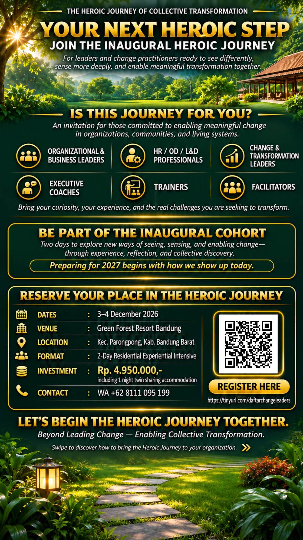 Flyer pendaftaran: sasaran peserta, jadwal, lokasi, investasi dan QR pendaftaran